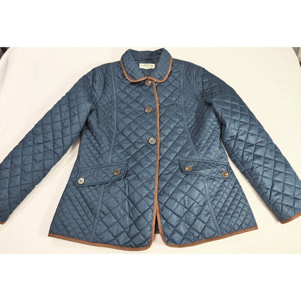 Orvis Women’s Barn Coat Jacket Size L Blue Quilted Faux Leather Trim - Picture 2 of 6